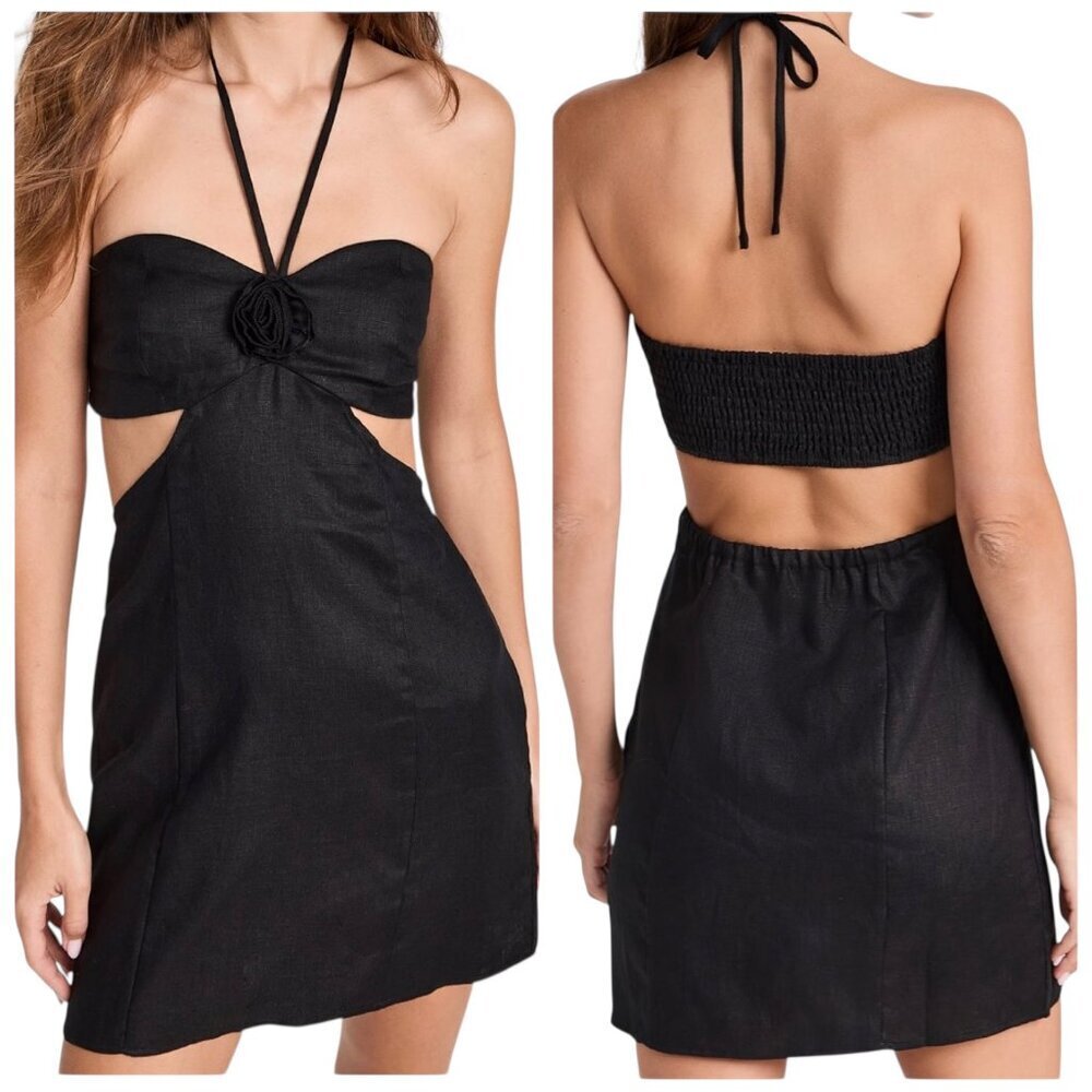 Reformation Mairwen Linen Mini Dress Halter Rosette Black Size 10 NWT